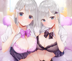 Rule 34 | 2girls, aqua eyes, bat hair ornament, black bra, black skirt, blue eyes, blurry, blurry background, bra, breasts, cleavage, closed mouth, clothes lift, collared shirt, curtains, frilled bra, frills, grey hair, hair ornament, heart, heart-shaped pillow, highres, indoors, large breasts, long hair, looking at viewer, multiple girls, non-web source, on bed, open clothes, open shirt, original, pillow, pleated skirt, purple bra, rouka (akatyann), school uniform, shirt, shirt lift, sitting, skirt, smile, underwear, white shirt, winged hair ornament