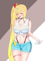 Rule 34 | 1girl, ahoge, bare shoulders, black panties, blonde hair, blue hair, blue shorts, blush, bottle, breasts, brown background, closed eyes, collarbone, crop top, drooling, embarrassed, female focus, hair ornament, hair ribbon, hand on own hip, highleg, highleg panties, highres, holding, hoshikawa sara, large breasts, long hair, midriff, multicolored hair, navel, nesky, nijisanji, nose blush, open mouth, panties, peeing, peeing self, ribbon, saliva, shiny skin, shirt, short shorts, shorts, side ponytail, sidelocks, simple background, skindentation, sleeveless, sleeveless shirt, solo, standing, stomach, streaked hair, sweat, tears, thigh gap, thigh strap, tied shirt, tongue, tongue out, two-tone hair, underwear, very long hair, virtual youtuber, wet, wet clothes, white shirt, wide hips, x hair ornament