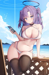Rule 34 | 1girl, absurdres, arm support, beach, bikini, black choker, black halo, black thighhighs, blue archive, blue bikini, blue eyes, blue sky, blush, breasts, cellphone, choker, closed mouth, cloud, collarbone, day, halo, highres, holding, holding phone, large breasts, long hair, looking at viewer, ocean, outdoors, phone, purple hair, side-tie bikini bottom, sky, sob (submar1089), solo, swimsuit, thighhighs, thighs, two side up, white bikini, yuuka (blue archive)