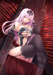 Rule 34 | 1girl, :p, bare shoulders, breasts, cait aron, chair, elbow gloves, feet, garter straps, gloves, hair ornament, highres, large breasts, crossed legs, long hair, no shoes, original, pink hair, red eyes, sitting, smile, soles, solo, thighhighs, throne, tiara, toes, tongue, tongue out