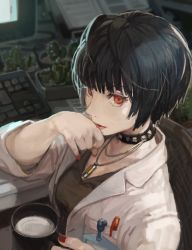 Rule 34 | 10s, 1girl, black hair, burari, cactus, choker, coffee mug, commentary request, cup, fingernails, indoors, jewelry, keyboard (computer), lab coat, looking at viewer, mug, nail polish, necklace, pen, persona, persona 5, phone, red eyes, red nails, solo, takemi tae
