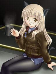 Rule 34 | 00s, 1girl, animal ears, blonde hair, bomber jacket, cat ears, cat tail, crotch seam, cup, glasses, jacket, long hair, mug, mushoku no hourousha, panties, panties under pantyhose, pantyhose, perrine h. clostermann, sitting, solo, strike witches, tail, underwear, uniform, world witches series, yellow eyes