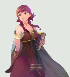 Rule 34 | 1girl, bare shoulders, book, cape, dress, fire emblem, fire emblem: the sacred stones, fire emblem heroes, highres, jewelry, long hair, lute (fire emblem), nintendo, purple eyes, purple hair, short hair, simple background, solo, twintails