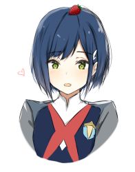 Rule 34 | 10s, 1girl, adore (adoredesu), blue hair, blush, darling in the franxx, food, fruit, green eyes, hair ornament, hairclip, half-closed eyes, highres, ichigo (darling in the franxx), looking at viewer, name connection, object namesake, on head, open mouth, simple background, smile, solo, strawberry, upper body, white background