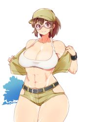 Rule 34 | 1girl, belt, breasts, brown eyes, brown hair, cleavage, collarbone, cowboy shot, crop top, fio germi, glasses, hanzo (2929), hat, highres, jacket, jacket partially removed, large breasts, looking at viewer, metal slug, ponytail, removing jacket, short shorts, shorts, sidelocks, simple background, smile, snk, solo, thick thighs, thighs, toned, white background, wristband