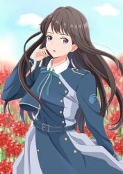 Rule 34 | 1girl, absurdres, black hair, blue dress, blue ribbon, blue sky, cloud, cloudy sky, collared dress, commentary, cowboy shot, day, dress, field, flower, flower field, grey dress, highres, inoue takina, long hair, long sleeves, looking at viewer, lycoris recoil, lycoris uniform, neck ribbon, outdoors, pleated dress, purple eyes, red flower, ribbon, sky, solo, spider lily, standing, tenma no atelier, two-tone dress, wind