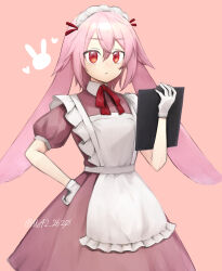 Rule 34 | 1boy, :&lt;, alternate costume, animal ears, ansel (arknights), apron, arknights, artist name, clipboard, closed mouth, commentary request, crossdressing, dress, enmaided, frilled apron, frills, gloves, hair between eyes, hand on own hip, highres, holding, holding clipboard, looking at viewer, maid, maid apron, maid headdress, moribe denkou, neck ribbon, pink background, pink hair, puffy short sleeves, puffy sleeves, purple dress, rabbit boy, rabbit ears, red eyes, red ribbon, ribbon, short hair, short sleeves, signature, simple background, solo, twitter username, white apron, white gloves