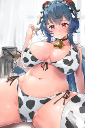 Rule 34 | 1girl, absurdres, ahoge, alternate breast size, animal ears, animal print, bell, bikini, blue hair, blush, bottle, breasts, cleavage, closed mouth, collarbone, commentary request, cow ears, cow girl, cow hair ornament, cow horns, cow print, cow tail, cowbell, embarrassed, ganyu (genshin impact), genshin impact, hair between eyes, highres, horns, kntrs (knyrs), large breasts, long hair, looking at viewer, milk bottle, navel, neck bell, partially visible vulva, print bikini, red eyes, side-tie bikini bottom, solo, spread legs, swimsuit, tail, thighhighs, thighs, white bikini, window