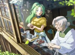 Rule 34 | 2girls, absurdres, breasts, cabinet, chopsticks, closed eyes, clothes around waist, cooking, cooking pot, dappled sunlight, day, faucet, food, grandmother and granddaughter, green hair, green kimono, grey hair, hair bun, highres, higurashi no naku koro ni, holding, holding food, indoors, japanese clothes, kimono, kitchen, long hair, long sleeves, looking at another, mixing bowl, multiple girls, nshi, ohagi (food), old, old woman, open mouth, parted bangs, plant, ponytail, refrigerator, shadow, shirt, short sleeves, sidelocks, sink, smile, sonozaki mion, sonozaki oryou, sunlight, surprised, table, tree, wagashi, window, wooden floor, wrinkled skin, yellow shirt