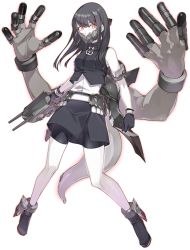 Rule 34 | 1girl, abyssal ship, bike shorts, bike shorts under skirt, black gloves, black hair, breasts, colored skin, extra arms, full body, gloves, holding, kantai collection, konishi (koconatu), long hair, mask, mouth mask, official art, outer southern sea destroyer princess, pale skin, red eyes, shirt, skirt, sleeveless, small breasts, solo, tachi-e, tail, torpedo, transparent background, white skin