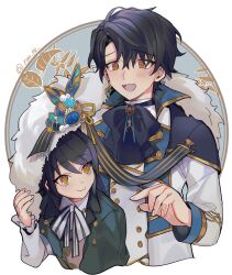 Rule 34 | 2boys, aged up, black hair, brothers, cape, closed mouth, collared shirt, earrings, formal, fur-trimmed cape, fur trim, green jacket, highres, hoe satsuki, jacket, jewelry, long sleeves, looking at another, mahoutsukai no yakusoku, male focus, multiple boys, open mouth, shirt, siblings, smile, snow (mahoutsukai no yakusoku), twins, white (mahoutsukai no yakusoku), white background, white jacket, white shirt
