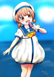 Rule 34 | 1girl, blue sailor collar, blue sky, blurry, brown eyes, brown hair, cloud, commentary request, depth of field, dress, feet out of frame, food, hair rings, hat, highres, horizon, kaiboukan no.4 (kantai collection), kantai collection, long hair, low twintails, ocean, one-hour drawing challenge, open mouth, popsicle, sailor collar, sailor dress, sailor hat, senon, short sleeves, sky, smile, solo, teeth, twintails, upper teeth only, white dress, white hat