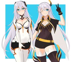 Rule 34 | 2girls, absurdres, aircell, antenna hair, blue eyes, breasts, cecilia schariac, cecilia schariac (cosplay), cleavage, closed mouth, cosplay, costume, costume switch, hair between eyes, hair ornament, highres, honkai (series), honkai impact 3rd, kiana kaslana, kiana kaslana (white comet), kiana kaslana (white comet) (cosplay), long hair, looking at viewer, mother and daughter, multiple girls, one eye closed, smile, teeth, v, white hair