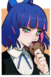 Rule 34 | 1girl, alternate hairstyle, blue eyes, blue hair, blunt bangs, bob cut, bow, cookie, eating, food, hair bow, highres, looking at viewer, multicolored hair, open mouth, orange background, panty &amp; stocking with garterbelt, pink hair, porqueloin, short hair, solo, stocking (psg), two-tone hair, upper body
