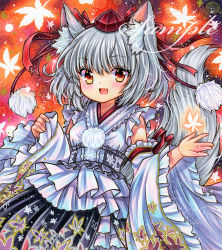 Rule 34 | 1girl, :d, animal ear fluff, animal ears, black skirt, blouse, blush, breasts, cowboy shot, detached sleeves, embellished costume, fang, frilled sash, frilled sleeves, frills, grey sash, hat, hat ribbon, inubashiri momiji, leaf, leaf print, long sleeves, looking at viewer, maple leaf, marker (medium), open mouth, pinching sleeves, pom pom (clothes), print skirt, red background, red eyes, red hat, red ribbon, ribbon, rui (sugar3), sample watermark, sash, shirt, short hair, skin fang, skirt, sleeveless, sleeveless shirt, small breasts, smile, solo, standing, tail, tokin hat, touhou, traditional media, watermark, white hair, white shirt, white sleeves, wide sleeves, wolf ears, wolf girl, wolf tail