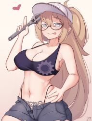 1girl absurdres baseball_cap black_panties black_sports_bra blonde_hair blue_eyes breasts cleavage commentary cowboy_shot ear_piercing glasses gradient_background hair_between_eyes hand_on_own_hip hat heart highleg highleg_panties highres holding holding_wrench large_breasts long_hair open_fly original panties piercing ponytail pubic_tattoo short_shorts shorts sideboob signature smile solo sports_bra tattoo tongue tongue_out underwear vaniste very_long_hair white_hat wrench