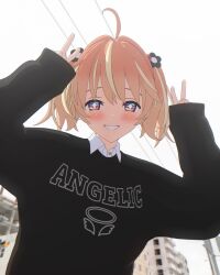 Rule 34 | + +, 1girl, 3d, ahoge, black sweater, blender (medium), blonde hair, blush, bright pupils, cel shading, clothes writing, collared shirt, commentary request, day, double v, english text, flower, grin, hair flower, hair ornament, highres, long sleeves, looking at viewer, medium hair, multicolored eyes, multicolored hair, orange hair, outdoors, overcast, pink eyes, power lines, print sweater, purple eyes, rinne (rinrinne), rinrinne, rinrinne39 (artist), shirt, short twintails, sky, sleeves past wrists, smile, solo, streaked hair, sweater, teeth, twintails, upper body, v, virtual youtuber, white pupils, white shirt