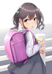 Rule 34 | 1girl, :o, backpack, bag, blush, bow, brown hair, crime prevention buzzer, dress, hair bow, highres, long sleeves, looking at viewer, open mouth, original, outdoors, pinafore dress, pink eyes, randoseru, school uniform, shirt, shochiku, short twintails, sleeveless dress, standing, teeth, twintails, unfinished, sketch background, upper body, white shirt