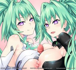 Rule 34 | 1boy, 2girls, blush, bodysuit, breast press, breasts, choujigen game neptune, cleavage, commentary request, cooperative paizuri, covered erect nipples, dual persona, gloves, green hair, green heart (neptunia), hetero, kami jigen game neptune v, large breasts, long hair, looking at viewer, multiple girls, neptune (series), nipples, open mouth, paizuri, penis, pink background, ponytail, pov, power symbol, power symbol-shaped pupils, purple eyes, sereneandsilent, shiny skin, solo focus, symbol-shaped pupils, symmetrical docking, uncensored, upper body, vert (neptunia), very long hair