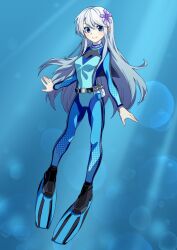 Rule 34 | belt, belt buckle, blue eyes, blue wetsuit, bodysuit, breasts, buckle, commission, diving suit, flippers, flower, hair flower, hair ornament, highres, kamabokopic, long hair, looking at viewer, original, potion, simple background, skeb commission, small breasts, smile, weight belt, wetsuit, white hair