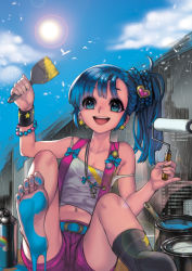 Rule 34 | 1girl, :d, bad id, bad pixiv id, barefoot, belt, bird, blue eyes, blue hair, bracelet, cloud, day, earrings, feet, hair ornament, highres, jewelry, lens flare, long hair, looking at viewer, matching hair/eyes, navel, open mouth, original, paint, paint can, paint roller, paintbrush, pinky out, shorts, side ponytail, sitting, skirt, sky, smile, soles, solo, spray paint, star (symbol), strap slip, suspenders, toes, wbfish