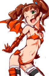 Rule 34 | 1girl, ;d, bat wings, brown hair, clearite, elbow gloves, flat chest, gloves, green eyes, idolmaster, idolmaster (classic), navel, nightmare blood, one eye closed, open mouth, sketch, smile, solo, takatsuki yayoi, thighhighs, twintails, white background, white thighhighs, wings, wink