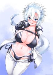 Rule 34 | 1girl, artist name, belt, bikini, black belt, black bikini, black gloves, blue eyes, blush, breasts, chest belt, cleavage, clothes pull, collarbone, commentary request, cowboy shot, dragon girl, dragon tail, fang, g (genesis1556), gloves, groin, hair between eyes, hand up, highres, horns, jacket, large breasts, long sleeves, messy hair, monster girl, navel, open clothes, open jacket, open mouth, original, pants, pants pull, pulled by self, scales, scar, short hair, side-tie bikini bottom, sidelocks, silver hair, solo, standing, stomach, sweat, swimsuit, tail, tsubasa ryuuji, white jacket, white pants