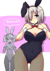 Rule 34 | 10s, 2girls, animal ears, bare shoulders, black legwear, blue eyes, bow, bowtie, breast envy, breasts, cleavage, detached collar, fake animal ears, fishnet pantyhose, fishnets, flat chest, hair ornament, hair over one eye, hairclip, hamakaze (kancolle), kantai collection, leotard, long hair, multiple girls, open mouth, pantyhose, playboy bunny, rabbit ears, ryuujou (kancolle), shinshin, short hair, silver hair, sweatdrop, twintails, wrist cuffs