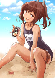 Rule 34 | 1girl, blue sky, brown eyes, brown hair, can, cloud, commentary request, crab, flat chest, fuji (pixiv24804665), highres, i-401 (kancolle), kantai collection, looking at viewer, name tag, ponytail, school swimsuit, short hair, sitting, sky, smile, solo, swimsuit, swimsuit under clothes, tan, tanline