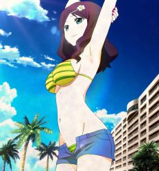 Rule 34 | 10s, 1girl, armpits, arms behind head, bikini, breasts, brown hair, green eyes, groin, hair ornament, hairpin, hamatora, highres, navel, open clothes, open shorts, rei (hamatora), shorts, smile, solo, striped bikini, striped clothes, swimsuit, underboob