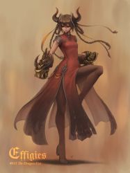 Rule 34 | 1girl, absurdres, black pantyhose, braid, braided hair rings, breasts, brown eyes, brown hair, clenched hands, closed mouth, commentary request, dress, english text, fighting stance, full body, gauntlets, hair between eyes, hair rings, high heels, highres, horns, leg up, long hair, looking away, nishi, original, pantyhose, red dress, short sleeves, small breasts, solo, standing, standing on one leg, twin braids, twintails, v-shaped eyebrows, very long hair, white footwear