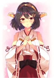 Rule 34 | 10s, 1girl, alternate hair length, alternate hairstyle, blush, bob cut, breasts, brown eyes, brown hair, cherry blossoms, commentary, detached sleeves, epaulettes, hair between eyes, hair ornament, hairclip, hakama, hakama skirt, haruna (kancolle), headgear, highres, interlocked fingers, japanese clothes, kantai collection, large breasts, looking at viewer, matching hair/eyes, mizuyoukan (mikususannda), nontraditional miko, own hands together, pink background, pleated skirt, red skirt, ribbon trim, sash, short hair, skirt, solo, upper body, white background, wide sleeves