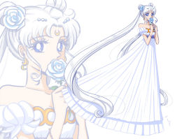 Rule 34 | 1girl, bare shoulders, bishoujo senshi sailor moon, blue eyes, crescent, crescent facial mark, double bun, dress, facial mark, flower, forehead mark, full body, hair flower, hair ornament, hairpin, lisginka, long hair, looking at viewer, princess serenity, projected inset, rose, signature, solo, standing, strapless, strapless dress, tsukino usagi, twintails, white background, white dress, white flower, white hair, white rose, white theme, zoom layer