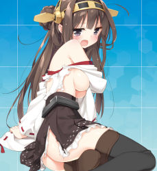 Rule 34 | 10s, 1girl, ass, black thighhighs, blue eyes, blush, braid, breasts, brown hair, fang, hairband, headgear, japanese clothes, kani biimu, kantai collection, kongou (kancolle), long hair, nontraditional miko, off shoulder, open mouth, personification, sideboob, sitting, solo, tears, thighhighs, torn clothes