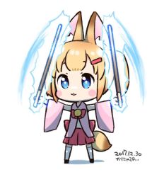 Rule 34 | 1girl, animal ear fluff, animal ears, bare shoulders, bell, black footwear, blonde hair, blue eyes, blush, blush stickers, bow, chibi, dated, detached sleeves, fox ears, full body, glowing, hair ornament, hairclip, hands up, holding, jingle bell, kanya pyi, kemomimi oukoku kokuei housou, long sleeves, mikoko (kemomimi oukoku kokuei housou), parted lips, pink sleeves, pleated skirt, red bow, red skirt, shadow, skirt, sleeveless, solo, thighhighs, translation request, twintails, virtual youtuber, white background, white thighhighs, wide sleeves
