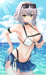 Rule 34 | 1girl, absurdres, armband, bikini, blue sky, blush, breasts, choker, cloud, collarbone, embarrassed, eyewear on head, green eyes, highres, hololive, hsxxx, large breasts, looking at viewer, mole, mole on breast, navel, ocean, outdoors, pleated skirt, shirogane noel, shirogane noel (summer 2020), skirt, sky, solo, strap, sun, sun glare, sunglasses, sunlight, swimsuit, swimsuit skirt, underboob, virtual youtuber, water, white hair
