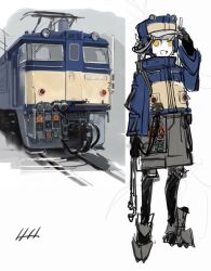 Rule 34 | 1boy, arm up, blue headwear, coat, grey hair, high collar, highres, long sleeves, maio (space jct), open mouth, original, personification, sketch, smile, standing, train, yellow eyes