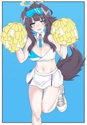 Rule 34 | 1girl, animal ears, blue archive, blue eyes, breasts, cheerleader, dog ears, goggles, halo, hibiki (blue archive), hibiki (cheer squad) (blue archive), highres, large breasts, long hair, looking at viewer, midriff, navel, noiimad, pom pom (cheerleading), reddit, skirt, solo, standing, standing on one leg, white skirt, yellow halo