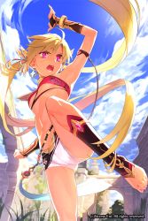 Rule 34 | 1girl, anklet, arm up, armlet, armpits, bandeau, barefoot, black legwear, blonde hair, blue sky, bracelet, breasts, cloud, day, earrings, feet, fighting stance, from below, gloves, hair between eyes, hair ornament, jewelry, kicking, leg lift, long hair, mansu, martial arts, midriff, nail polish, navel, open mouth, outstretched arms, pink eyes, short shorts, shorts, sky, small breasts, solo, spread legs, standing, standing on one leg, toeless legwear, toenail polish, toenails, toes, twintails, underboob, very long hair, watermark