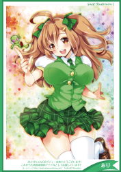 Rule 34 | 1girl, ahoge, alien, artist name, bow, breasts, brown eyes, brown hair, green bow, green skirt, green vest, highres, koari, large breasts, looking at viewer, midori-chan (myslot), myslot, open mouth, plaid, plaid skirt, pleated skirt, pointing, puffy short sleeves, puffy sleeves, school uniform, short sleeves, skirt, smile, teeth, thighhighs, translation request, twitter username, two side up, upper teeth only, vest, white thighhighs