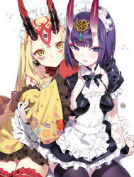 Rule 34 | 2girls, absurdres, alternate costume, apron, black dress, black legwear, blonde hair, blush, bob cut, breasts, brooch, closed mouth, detached collar, detached sleeves, dress, earrings, enmaided, eyeliner, facial mark, fate/grand order, fate (series), floral print, forehead mark, frills, headpiece, highres, horns, ibaraki douji (fate), jewelry, long hair, looking at viewer, maid, maid headdress, makeup, multiple girls, oni, open mouth, puffy short sleeves, puffy sleeves, purple eyes, purple hair, short eyebrows, short hair, short sleeves, shuten douji (fate), simple background, skin-covered horns, small breasts, smile, sparkle, thighhighs, thighs, waist apron, white apron, white background, wide sleeves, wrist cuffs, yd (orange maru), yellow dress, yellow eyes