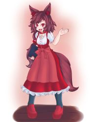 Rule 34 | 1girl, :d, alternate costume, alternate hairstyle, animal ears, bad id, bad nicoseiga id, brown hair, commentary request, dress, fang, frilled dress, frills, full body, haruirokomici, highres, imaizumi kagerou, long hair, open mouth, puffy short sleeves, puffy sleeves, red eyes, short sleeves, smile, tail, touhou, waitress, wolf ears, wolf tail