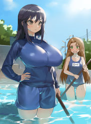 Rule 34 | 2girls, @ @, black hair, blue jacket, breast awe, breast envy, breasts, brown eyes, brown hair, collarbone, fingernails, flat chest, gluteal fold, green eyes, hair between eyes, hand on own hip, highres, huge breasts, ichijou hotaru, jacket, koshigaya komari, long hair, looking at breasts, multiple girls, non non biyori, notice lines, one-piece swimsuit, open mouth, oreomanko, outdoors, parted bangs, partially submerged, pool, power lines, school swimsuit, shorts, standing, sunlight, swimsuit, track jacket, tree, utility pole, wading, water