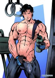 Rule 34 | 1boy, abs, absurdres, artist name, bara, batman (series), black gloves, black hair, black pants, black shirt, blue eyes, blue gloves, bottle, bulge, closed mouth, crotch grab, dc comics, dick grayson, erection, erection under clothes, gloves, highres, holding, holding bottle, large pectorals, male focus, male pubic hair, muscular, muscular male, navel, nightwing, nipples, pants, pectorals, penis, penis peek, phausto, pubic hair, shirt, shirt on shoulders, short hair, solo, sweat, two-tone gloves, water bottle