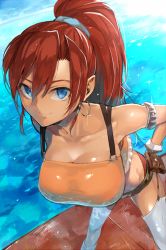 Rule 34 | 10s, 1girl, bellows (suisei no gargantia), blue eyes, breasts, hair between eyes, large breasts, looking at viewer, ponytail, red hair, shiny clothes, shiny skin, shrimpman, sky, smile, solo, strap, suisei no gargantia, tank top, thighhighs, white thighhighs