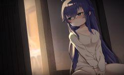 Rule 34 | 1girl, ahoge, between legs, blue eyes, blue hair, blurry, blurry background, blush, breasts, closed mouth, collarbone, commentary request, depth of field, female masturbation, hair between eyes, hand between legs, highres, indoors, long hair, looking away, looking to the side, masturbation, mushoku tensei, nose blush, on floor, open door, roxy migurdia, shirt, sitting, small breasts, solo, templus, very long hair, wariza, white shirt