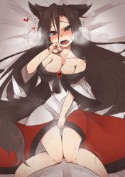 Rule 34 | 1girl, animal ears, blush, breasts, breath, brown hair, cleavage, dress, fang, female masturbation, fingering, heart, imaizumi kagerou, kaginoni, large breasts, long hair, long sleeves, looking at viewer, lying, masturbation, off shoulder, on back, on bed, open mouth, red eyes, slime, solo, sweat, tail, tears, touhou, wide sleeves, wolf ears, wolf tail