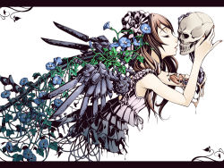 Rule 34 | brown hair, cable, closed eyes, cyborg, dress, flower, kiss, kissing skull, letterboxed, long hair, mechanical wings, metal, morning glory, nail polish, original, rose, skull, solo, torigoe takumi, torn clothes, white background, wings