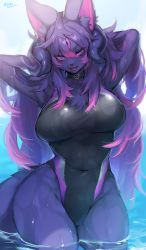 Rule 34 | 1girl, absurdres, animal nose, armpits, arms behind head, body fur, breasts, commentary request, competition swimsuit, covered navel, fangs, furry, furry female, highres, large breasts, long hair, looking at viewer, multicolored hair, one-piece swimsuit, open mouth, original, pink hair, purple fur, purple hair, snout, solo, suurin (ksyaro), swimsuit, two-tone hair