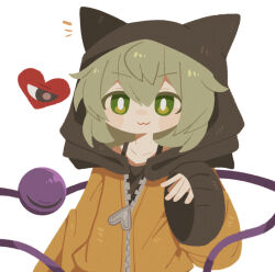 Rule 34 | 1girl, :3, adapted costume, alternate costume, animal ears, animal hood, arm at side, black eyes, black hood, black shirt, blush, bright pupils, closed eyes, closed mouth, fake animal ears, film grain, green eyes, green hair, hair between eyes, hand up, heart, hood, hood up, hooded jacket, hoodie, jacket, komeiji koishi, long sleeves, looking at another, medium hair, no lineart, no sclera, notice lines, partially unzipped, shirt, simple background, sleeveless, sleeves past fingers, sleeves past wrists, smile, solo, third eye, touhou, upper body, white background, white pupils, wide sleeves, yellow hoodie, yellow jacket, zipper, zipper pull tab, zunusama